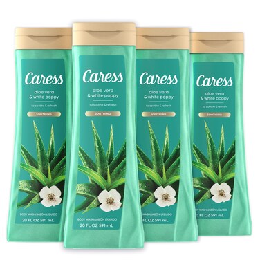 Caress Body Wash for Women, Aloe Vera &amp; White Poppy, Soothing Shower Gel to Soothe and Refresh Skin, 20 fl oz, 4 Pack