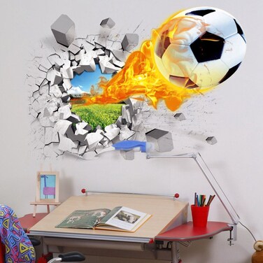 U-Shark&Acirc;&reg; 3D Self-Adhesive Removable Break Through The Wall Vinyl Football Soccer Wall Stickers/Murals Art Decals Decorator as Kids Birthday Gift (Flying Fire Football (19.7" X 27.6"/ 50 X 70cm))