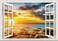Fake Window Sticker Wall Faux Window Decal Poster Picture Open Window Wall Art Decor, Stick and Peel Wallpaper Nature Scenery Wall Palms Cloud Serene Beach Seascape Mural,16"x24