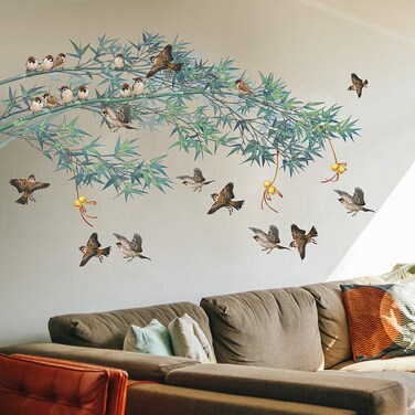 Amaonm Gaint Removable DIY Green Bamboo&amp;Flying Birds Wall Decals Creative 3D TV Sofa Background Decoration Wall Sticker Peel and Stick Decor for Living Room Bedroom Kids Nursery House Offices Rooms