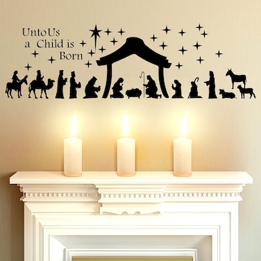 Chinco Large Christmas Nativity Scene Wall Decor Stickers Nativity Vinyl Wall Decal Christmas Decorations Religious Wall Murals Modern for Xmas Room Decor, Black (Unto Us A Child is Born)