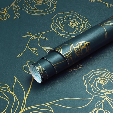 Safiyya 118"x17.3" Peel and Stick Wallpaper Gold and Teal Green Contact Paper Floral Wallpaper Self Adhesive Removable Wallpaper for Bedroom Covering Vinyl Rolls