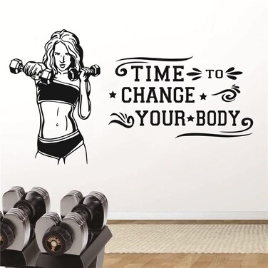 Vinyl Gym Wall Decal Women Fitness Club Logo Wall Sticker Time to Change Your Body Motivation Quote Weightfighting Sports Wall Mural TM-114 (Black)