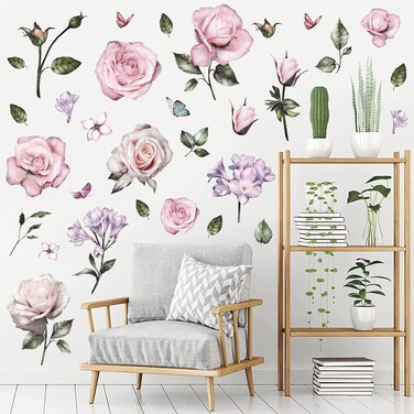 4 Sheets Simulation Pink Rose Wall Decals Art Flowers Wall Stickers Removable Hay Leaf Flower Bud Morning Glory DIY Peel and Stick Mural for Girls Bedroom Living Room Sofa Backdrop TV Wall