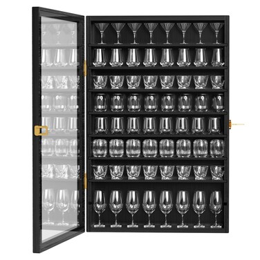 Tcatec 72-Cubby Shot Glass Display Case Wooden Shot Glasses Holder Wall Mounted Bar Cabinet Shot Glass Shelf with Lockable Acrylic Door, Black