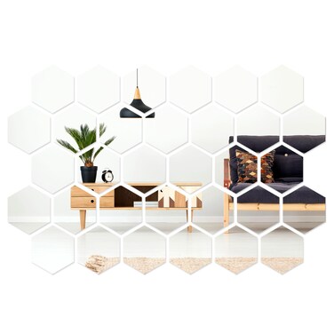 Shappy 32 Pcs Hexagon Mirror Wall Stickers Removable Silver Acrylic Mirror Stickers Honeycomb Wall Decals for DIY Home Art Bedroom Living Room Wall Decoration(18.4 x 16 x 9.2 cm)