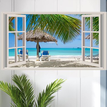 Beach Wall Sticker Fake Windows Wall Stickers Beach Seascape Wall Decals Removable 3D Ocean Wall Decals Blue Sea Landscape Palm Tree Wall Art Mural Vinyl Stickers for Bedroom Living Room Decoration