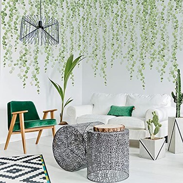 6 Sheet Hanging String of Pearls Vine Leaves Wall Stickers, KALYLOC Waterproof Green Plants Leaves Wall Decals, Peel and Stick Hanging Vine Wall Art for Bedroom Kitchen Classroom Decorations