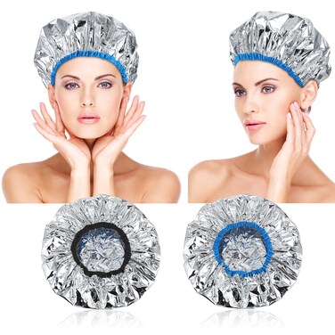 2 Pcs Heat Cap for Deep Conditioning Hair Cap for Oil Treatment Double Layer Aluminum Foil Heat Cap Reusable Steam Cap Processing Caps Shower Cap for Long Thick Hair Dyeing Home Salon Black Blue