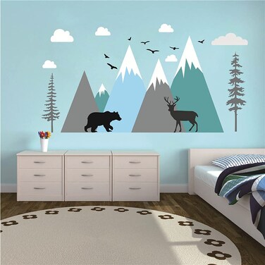 Baby Room Wall Decal Big Mountain Tree Adventure Theme Wall Sticker Woodland Forest Tribal Deer and Bear Stickers Clouds Birds Mural for Nursery Room Bedroom AM178 (Color 1)