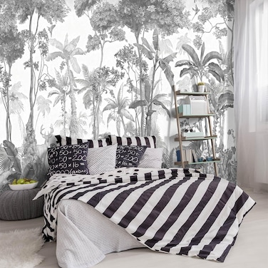 YIHWM -Grey Jungle Botanical Animal Banana Leaf Fabric Wallpaper Living Room Tropical Plant Forest Leaf Wallpaper Bedroom Bathroom Wall Mural- 91"x65"&iuml;&frac14;&circ; not Peel and Stick&iuml;&frac14;&permil;