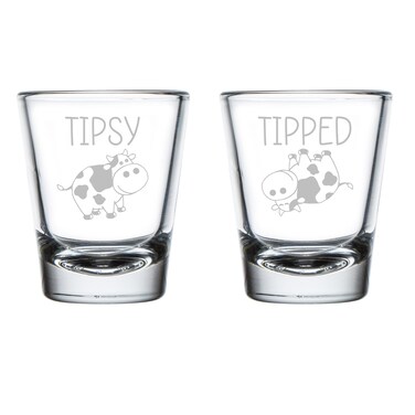 MIP Set of 2 Shot Glasses 1.75oz Shot Glass Tipsy Tipped Cow Funny Gift