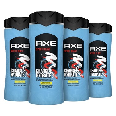 Axe Body Wash Charge &amp; Hydrate Sports Blast Energizing Citrus Scent Men's Body Wash, 100 percent Recycled Bottle 16 oz 4 Count