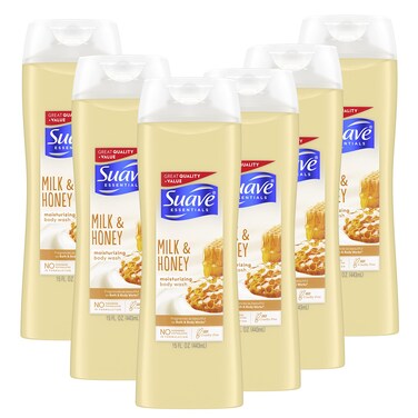 Suave Essentials Body Wash For Moisturized &amp; Pampered Skin, Milk and Honey with Vitamin E 15 oz, Pack of 6