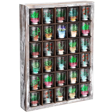 DoubleFill Shot Glass Display Case 17'' x 12'' Retro Wooden Shot Glasses Holder Display Wall Mounted Shot Box with 30 Slots Rustic Wood Bar Cabinet Shelf Thimble Display Case