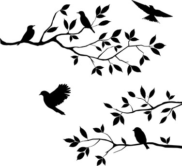 Picniva Black 20'' X 25'' Burnish Birds &amp; Blossoms Vinyl Wall Decal Art D&Atilde;&copy;cor