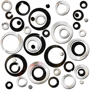 Outus 72 Pieces Wall Stickers Acrylic Circle Mirror Removable Round Dots Mirror Wall Decoration Wall Decals Murals for Home Living Room Bedroom Decor(Silver, Black)
