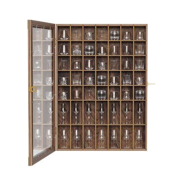 Tcatec Lockable Shot Glass Display Case Rustic Wood Shot Glasses Holder Wall Mounted Bar Cabinet 49 Compartments Shot Glass Shelf Collection Display Stand,Hinged Acrylic Door (Brown, 1 Pcs)