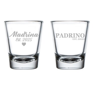MIP Set of 2 Shot Glasses 1.75oz Shot Glass Gift Madrina Est 2025 And Padrino Est 2025