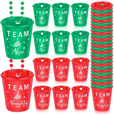 Yinkin 12 Pieces Christmas Shot Glass Necklace Plastic Shot Glasses Red Team Naughty Green Team Nice Shot Glass on Beaded Necklace for Christmas Holiday Party Decorations Supplies