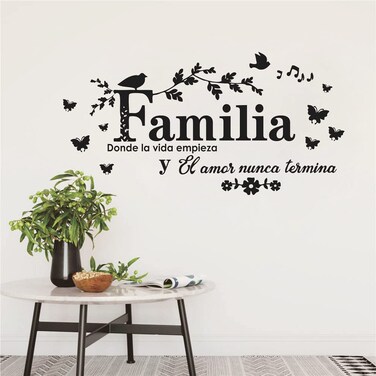 Home Decor Spanish Quote Familia Donde La Vida Empieza Where Life Begins Love Never Ends Wall Sticker Living Room Decoration Bedroom Branch Birds Butterflies Vinyl Decor Wall Mural AFN99 (Black)