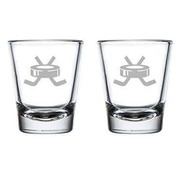 MIP Set of 2 Shot Glasses 1.75oz Shot Glass Hockey Puck With Sticks
