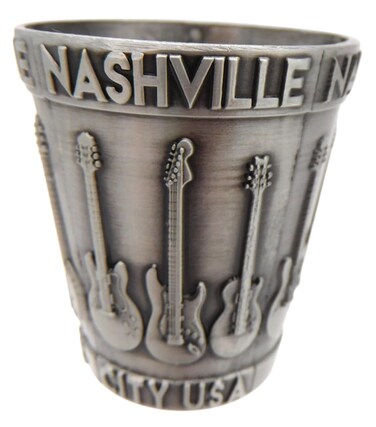 Westmon Works Nashville Tennessee Souvenir Shot Glass Pewter Metal with Engraved Landmarks of Music City
