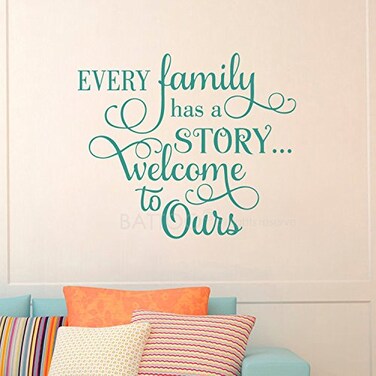 BATTOO Every Family has a Story Welcome to Ours, Family Wall Decal Quotes Photo Gallery Wall Decal 16" W 14" H, Living Room Wall Decal Sticker, teal