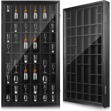 CroBlissful 2 Pcs Shot Glass Display Case 50 Slots Wood Shot Glasses Holder 32.5 x 17.9'' Wall Mount Cabinet Rack Holder for Collectibles Glass Bar Cabinet with Lockable Acrylic Door
