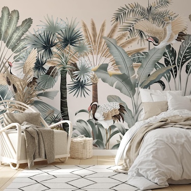 Tropical Wallpaper Peel and Stick Wall Murals 148" W x 98" H Forest Palm Trees Wall Paper Self-Adhesive Crane Jungle Leaf Plant Mural Wallpaper Pineapple Art Decor for Bedroom Living Room