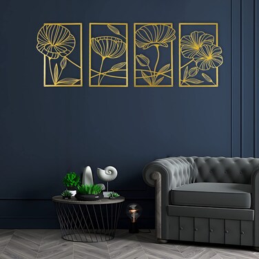 ESTART Decor 4 Piece Metal Lotus Flower Wall Decor, Abstract Floral Aesthetic Splicing Line Art, Minimalist Hanging Wall Sculpture for Living Room Bedroom Office and Yoga Room (Gold)