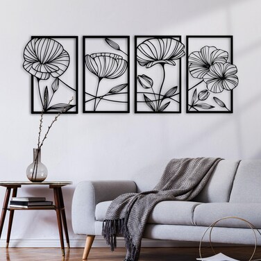 ESTART Decor 4 Piece Metal Lotus Flower Wall Decor, Abstract Floral Aesthetic Splicing Line Art, Minimalist Hanging Wall Sculpture for Living Room Bedroom Office and Yoga Room (Black)