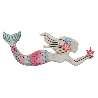 Morning View Wooden Mermaid Wall Decor Nautical Hanging Plaque Sign Wood Mermaid Wall Sculpture Large Coastal Wall Art Rustic Beach Ocean Sea for Bathroom Home House 17X6.5 Inches (Pink)