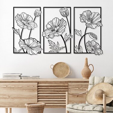 Therwen 3 Pcs Black Metal Wall Art Minimalist Wall Decor for Bedroom Flowers Wall Decor Hanging Flower Bathroom Wall Art Flower Line Wall Sculpture Kitchen Decoration 16.5 x 9.8 Inch