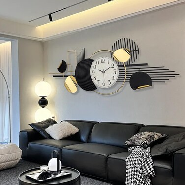 HAVFIFK Metal Wall Art Modern Geometry Wall Decor 59.1" X 22.8" Large Black Silent Non Ticking Analog Wall Clock,Wall Decor for Living Room, Office, Home, Bedroom, Kitchen, Bathroom Wall Sculpture