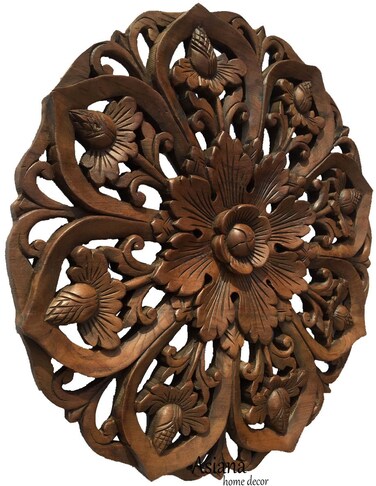 Lotus Wood Carved Wall Art Round Plaque.Tropical Bali Floral Rustic Home Decor. 24" Extra Thick (Brown)