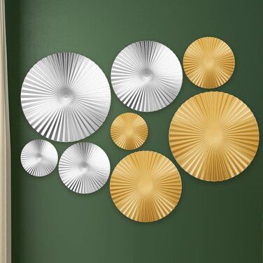 Beeveer 8 Pcs Silver and Gold Metal Wall Decor Set Metal Wall Art Wall Mount Modern Art Decor Large Sunburst Hanging Sculpture Circular Decorative for Home Office Bedroom Living Room(Silver and Gold)