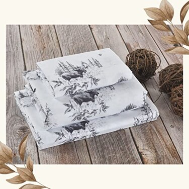 Rustic Lodge Toile Moose Forest Sketch Print Bed Sheet Set - Ultra Soft 4-Piece Queen Bedding with 2 Pillowcases - Cabin and Woodland Themed Microfiber Sheets for Cozy Lodge and Rustic Home D&Atilde;&copy;cor