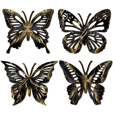 4 Pieces Butterfly Wood Wall Decor Large Butterfly Wall Art Wooden Hanging Rustic Butterfly Home Decor Modern Wall Sign for Farmhouse Home Indoor Outdoor Bathroom Living Room Bedroom (Black, Gold)