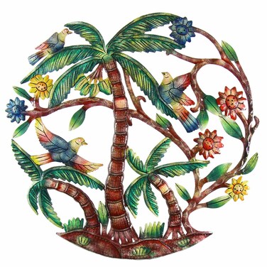 Global Crafts 24" Recycled Handmade Haitian Metal Wall Art Tropical Theme, Palm Trees