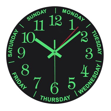 WOOPHEN 12 Inch Luminous Wall Clock Wooden Silent Non-Ticking Battery Powered Wall Clocks with Day Week for Living Room,Bedroom,Kitchen, Office and School (Black)