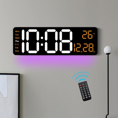 oviouit Digital Wall Clock with Remote Control, 16.2" Large Display, LED Clock for Living Room, Bedroom, Auto-Dimming, 9 Color Night Light, Auto DST, Date, Week, Temperature (Rectangle-Orange)