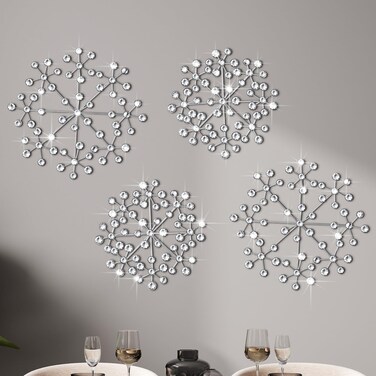 Lingvee 4 Pcs Metal Rhinestones Sunburst Wall Decor 3D Wall Decor Silver Metal Jeweled Wall Art Bling Crystal Home Decorative Metal Wall Art for Living Room for Living Room (12", 10",Starburst)