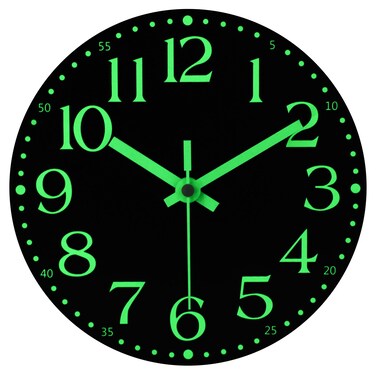 JoFomp Wooden Glow in The Dark Clock, 14 inch Silent Non-Ticking Battery Operated Clock, Energy-Absorbing Luminous Numerals and Hands, Lighted Wall Clock Decoration for Bedroom Living Room