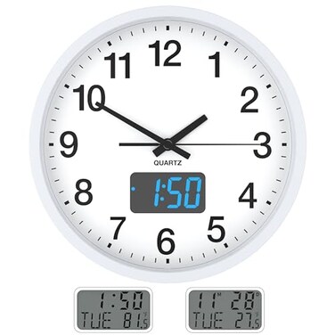 Wall Clock, 12 Inch Analog Clock with LED Digital Clock/LCD Time Date and Temperature Display, Battery Operated, Dial Ultra-Quiet Movement Quartz Wall Clock for Office Classroom School Home Bedroom