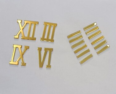 Yuxuanish Bright Golden Acrylic Roman Numerals,Numerals (4cm)&amp;Dashes (3cm) for Epoxy Resin Wall Clock Replacement Repairing Clock Accessories