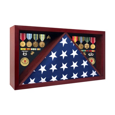 ILOT Large Military Shadow Box - Solid Wood Flag Case for 5' x 9.5' American Veteran Burial Flag, Velvet Like Felt Lining for Medals, and Polished Plexiglass (Mahogany)
