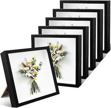 6 Pack Shadow Box Picture Frame,Wood Square Shadow Boxes Display Cases,1.2 Inch Interior Depth 3D Frames Shadow Box for Pictures, Flowers, Medals, Memorabilia,Tickets(8 x 8 Inch)