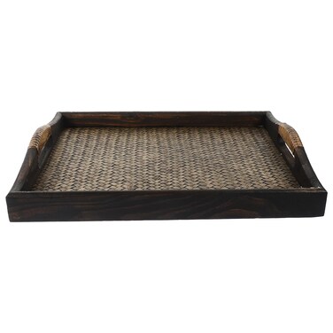 PartyKindom Rattan Tray Rectangle with Handles: Hand Woven Tray for Coffee Table Basket Flat Baskets Trays Southeast Rattan Serving Tray for Breakfast, Drinks, Snacks, Coffee