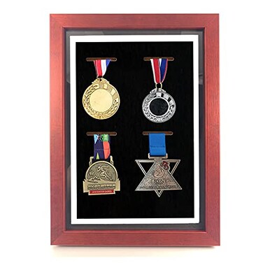 Medal Display Shadow Box, Medal Display Frame, 4 Medals Display Case, Perfect Medal Display for War Military, Runners, Marathon, RECE Winner, Football, Gymnastics &amp; All Sports (Red Wood, 13x9.5'')